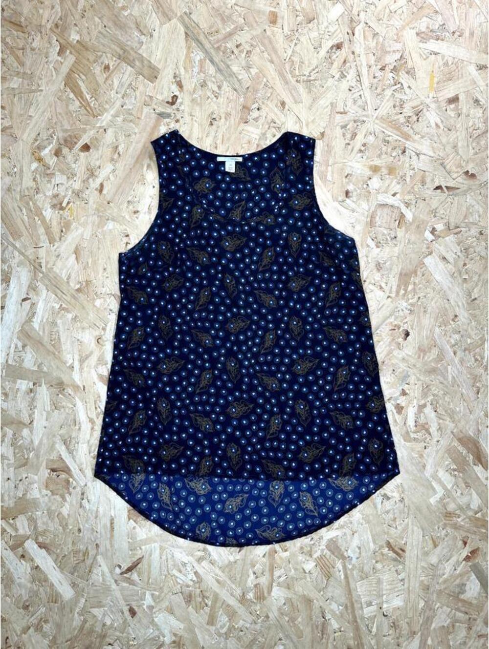 Halogen Sleeveless Blouse Womens XS Navy Blue Peacock Feather Print High Low
